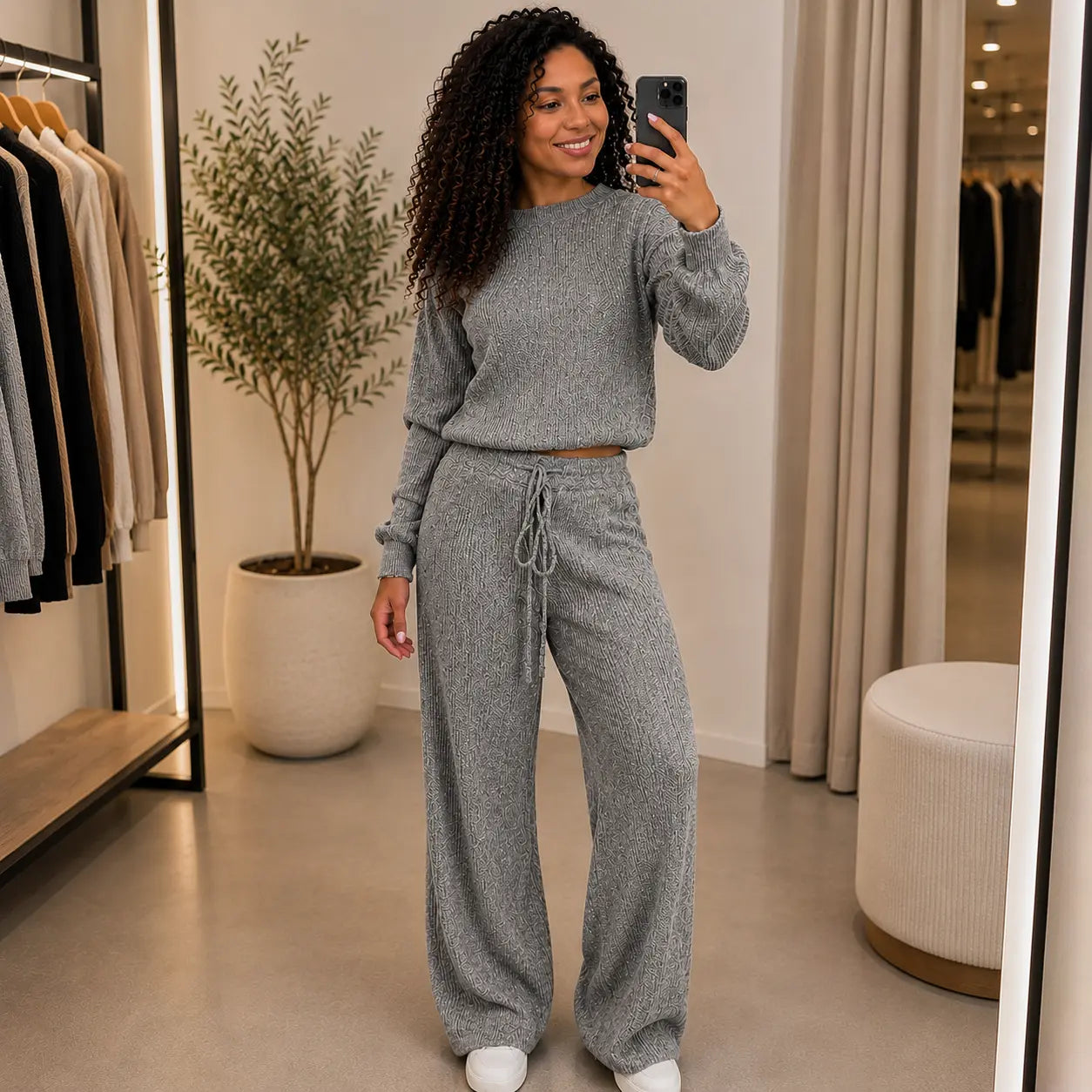 Conjunto Paty — Blusa e Calça Canelada em Tricot | Oferta de Inverno