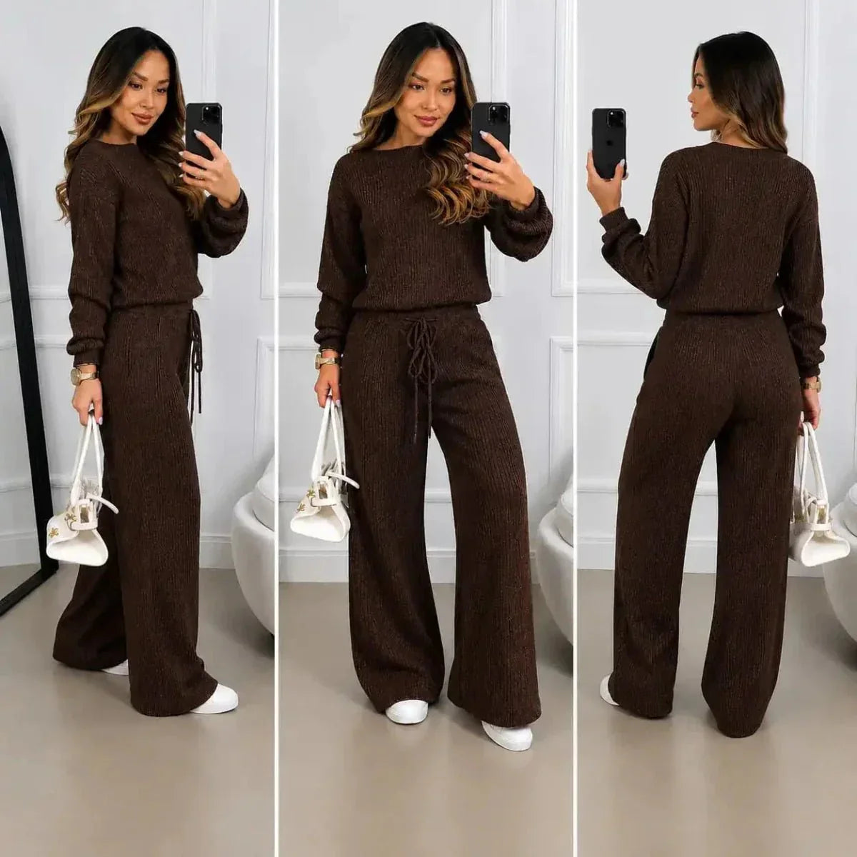 Kit 2 Conjuntos Feminino Canelado em Tricot (Blusa + Calça)