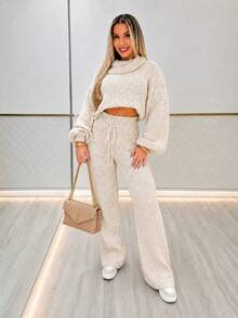 Conjunto Tricot Mousse Feminino Cropped Gola Alta Inverno Estiloso Calça Pantalona Canelada Exclusivo