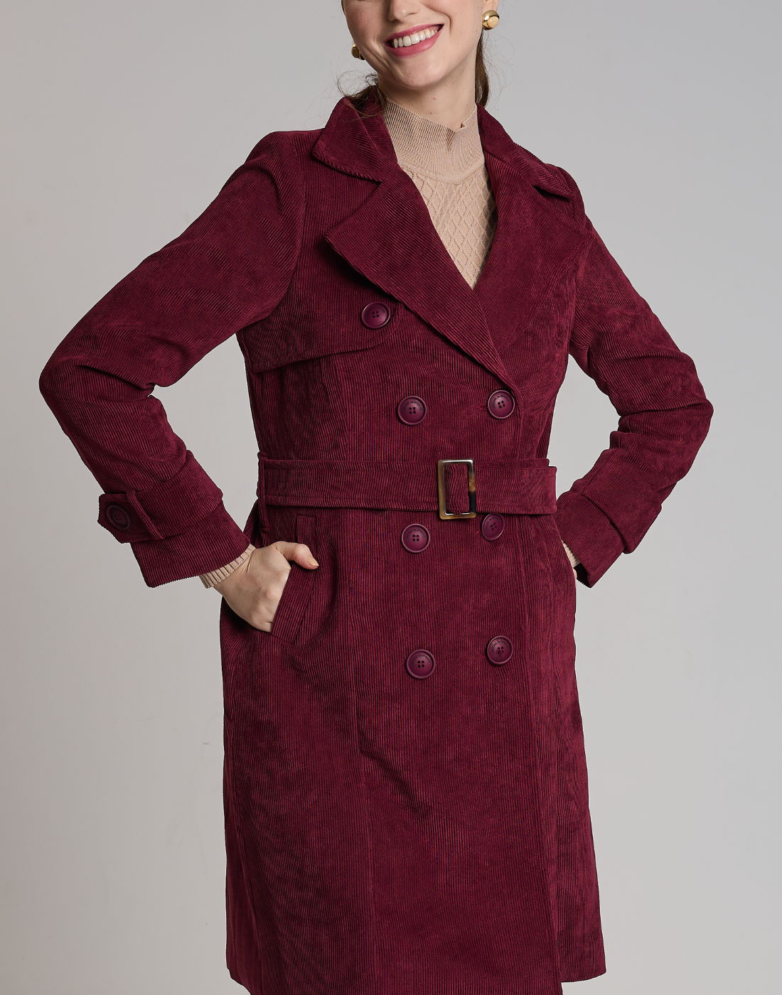Trench Coat Veludo Cotelê Vinho