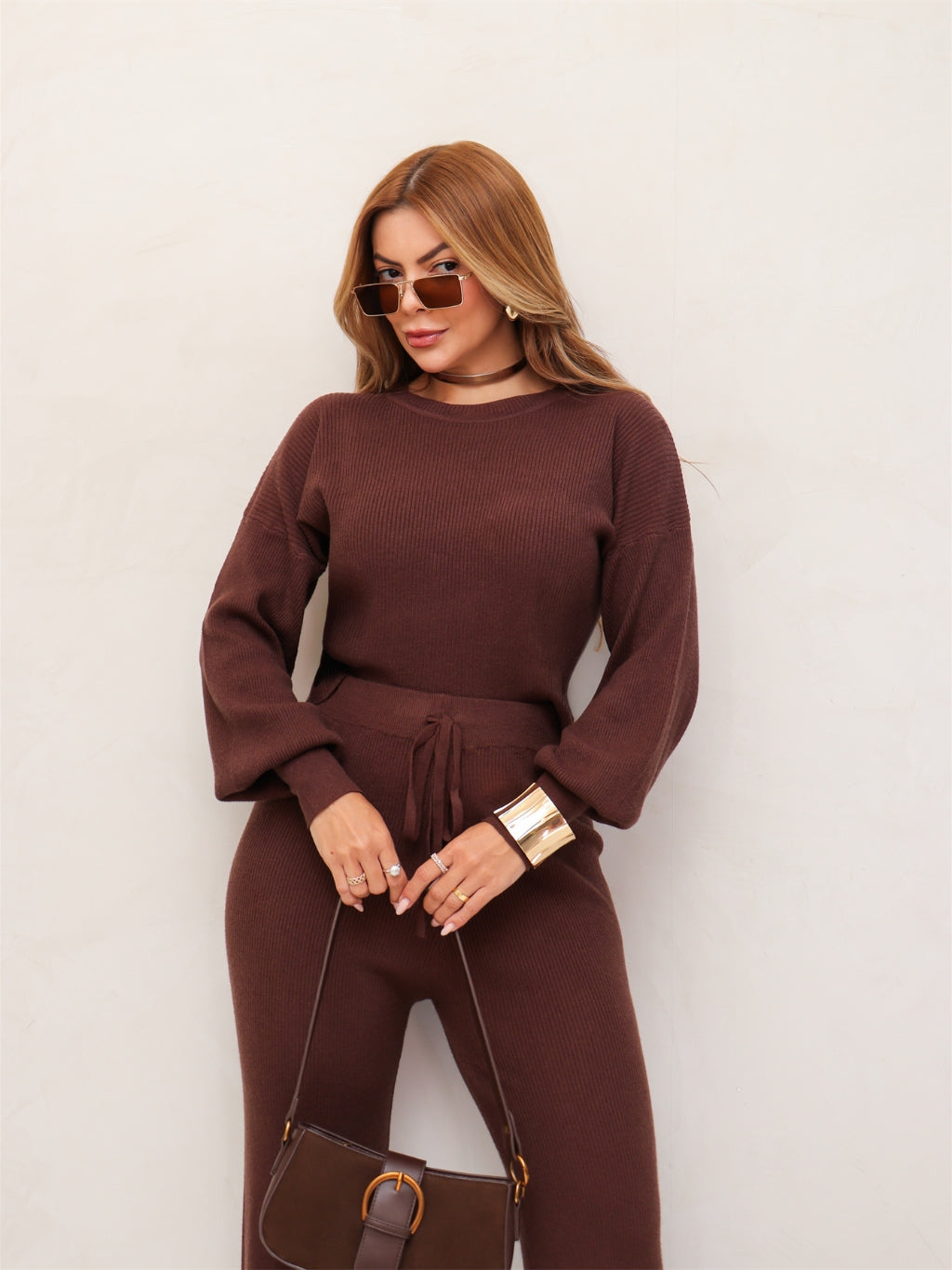 Conjunto Feminino Tricot Blusa Manga Longa e Calça Pantalona Elegante Confortável Inverno 3RD SD2008