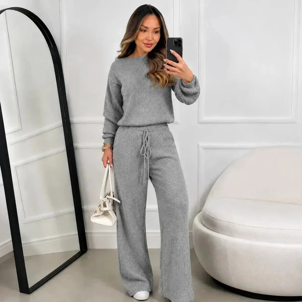 Kit 2 Conjuntos Feminino Canelado em Tricot (Blusa + Calça)