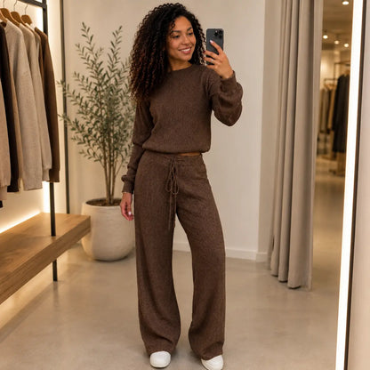 Conjunto Paty — Blusa e Calça Canelada em Tricot | Oferta de Inverno